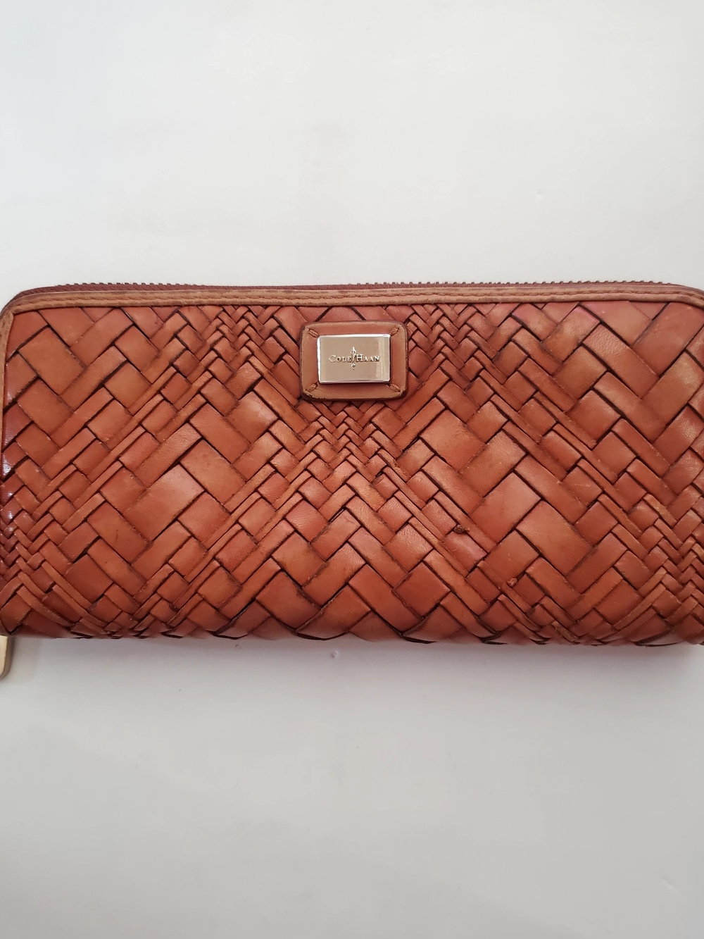 Cole Haan Woven Basketweave Leather Zip Around Continental Wallet in Cognac 8"